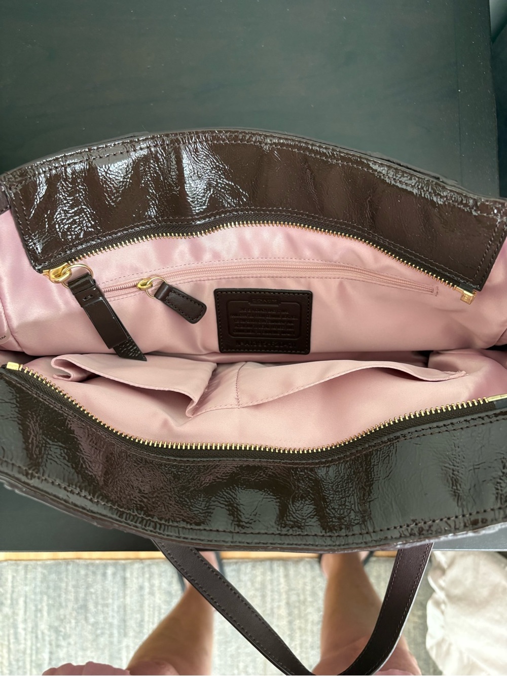 Coach Chocolate Brown Patent Leather Tote with Gold Hardware - Picture 6 of 7